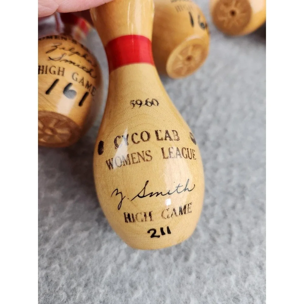 Vintage Miniature Wood lacquered 4 inch bowling pin Trophy League 1960s Pins Lot